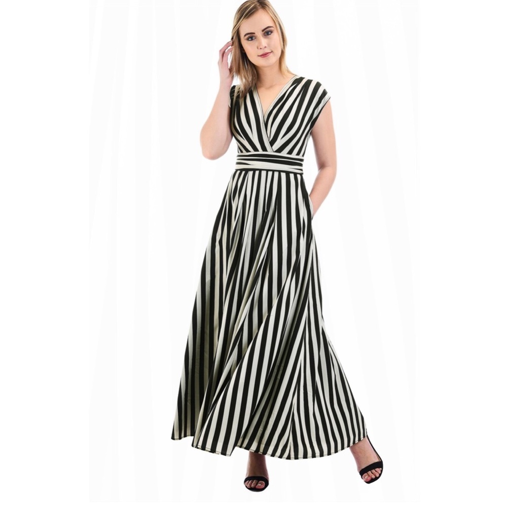 Eshakti Bold Stripe Crepe Surplice Maxi Dress